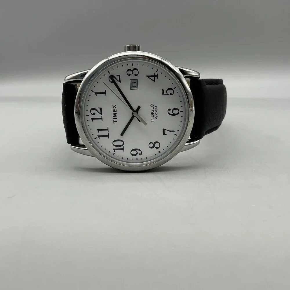 Timex Indiglo Easy Reader Mens Watch 38mm Black Leather Date New Battery